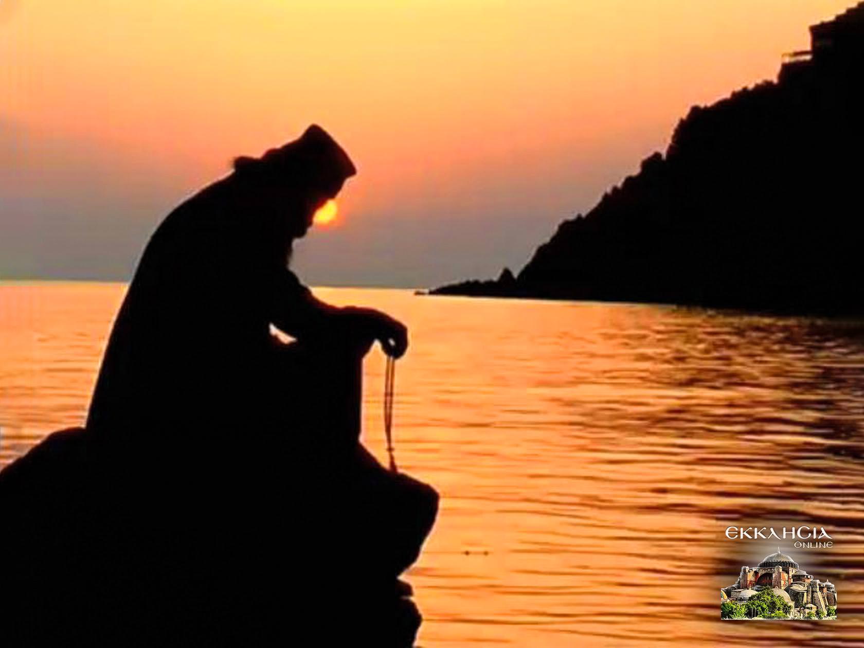 Μοναχός Προσευχή Ηλιοβασίλεμα Θάλασσα